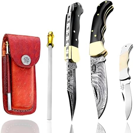 Best.Buy Damascus1 Folding Hunting Knife, 6.5" Real Damascus Blade & Olive Wood Handle, EDC Camping Knife for Men