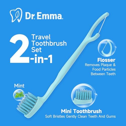 Dr. Emma Mini Brush Disposable Toothbrushes with Floss - On-The-Go Use, Travel Mint, 24 Packs Individually Wrapped Blue