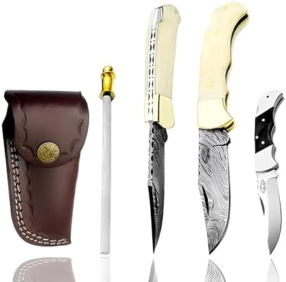 Best.Buy Damascus1 Folding Hunting Knife, 6.5" Real Damascus Blade & Olive Wood Handle, EDC Camping Knife for Men
