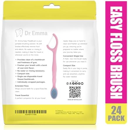 Dr. Emma Mini Brush Disposable Toothbrushes with Floss - On-The-Go Use, Travel Mint, 24 Packs Individually Wrapped Blue