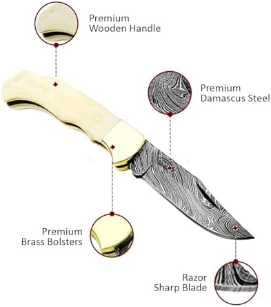 Best.Buy Damascus1 Folding Hunting Knife, 6.5" Real Damascus Blade & Olive Wood Handle, EDC Camping Knife for Men