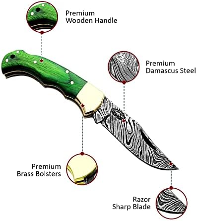 Best.Buy Damascus1 Folding Hunting Knife, 6.5" Real Damascus Blade & Olive Wood Handle, EDC Camping Knife for Men
