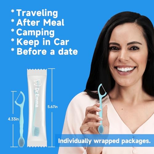 Dr. Emma Mini Brush Disposable Toothbrushes with Floss - On-The-Go Use, Travel Mint, 24 Packs Individually Wrapped Blue