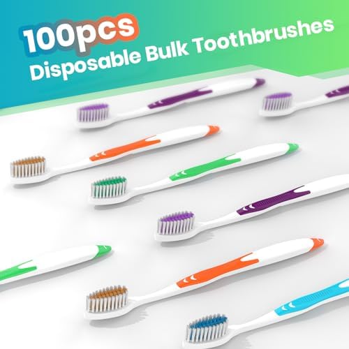 100 Bulk Medium Soft Toothbrushes Pack with Covers for Adults & Kids | Individually Wrapped Disposal Toothbrushes for T