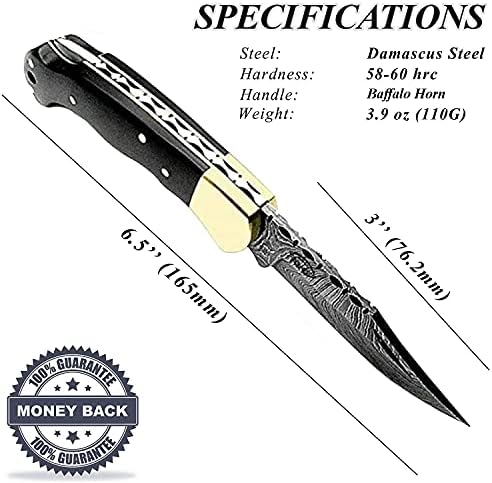 Best.Buy Damascus1 Folding Hunting Knife, 6.5" Real Damascus Blade & Olive Wood Handle, EDC Camping Knife for Men