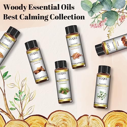 EUQEE Woody Essential Oils Set for Aromatherapy - Pure & Natural Oils - Eucalyptus, Cedarwood, Sandalwood, Frankincense,