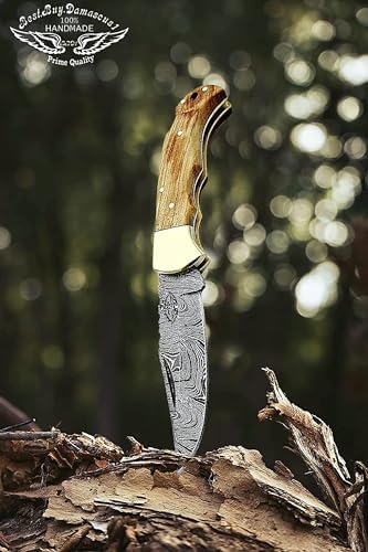 Best.Buy Damascus1 Folding Hunting Knife, 6.5" Real Damascus Blade & Olive Wood Handle, EDC Camping Knife for Men