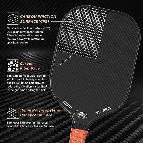 USA Pickleball Approved Pickleball Paddle, 3K Raw Carbon Fiber Surface (CFS) High Grit & Spin, Ideal for Novice and Prof