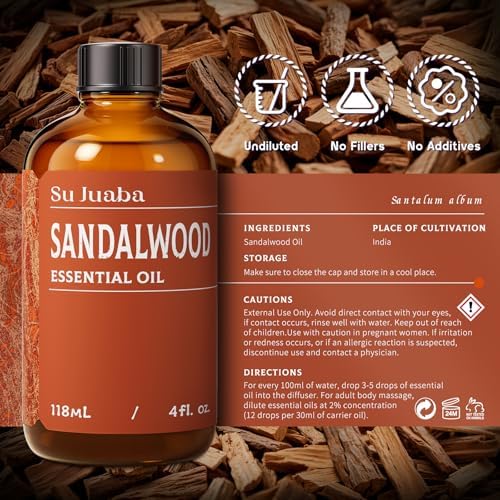 Sujuaba Sandalwood Oil for Diffuser and Skincare 4 Fl Oz - 100% Natural Aromatherapy Oil - Perfect for Relaxation and DI