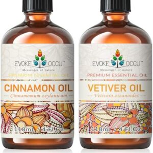 EVOKE OCCU Cinnamon Essential Oil and Vetiver Essential Oil for Stress Relief - Perfect for At-Home Spa Day - 4 Fl Oz -