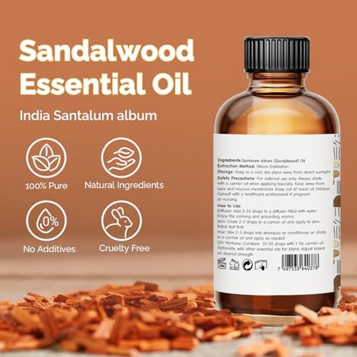 100% Pure Sandalwood Oil for Diffuser, Skin, Hair, & Body | Sandalwood Essential Oil for Men & Women, Aromatherapy & Ma