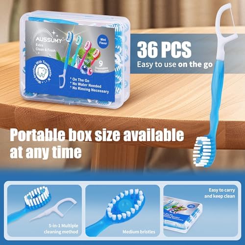 5-in-1 Prepasted Travel Toothbrush with Toothpaste Floss & Pick 36 Pack – Hotel Camping Flight Car Guest Use for Women M
