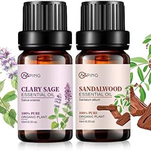 Sandalwood & Clary Sage Essential Oils for Aroma and Spa - 100% Pure Organic Natural Plant Oils, 2x10ML Sandalwood & C