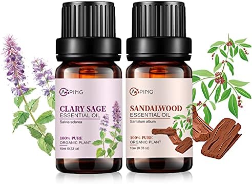 Sandalwood & Clary Sage Essential Oils for Aroma and Spa - 100% Pure Organic Natural Plant Oils, 2x10ML Sandalwood & C