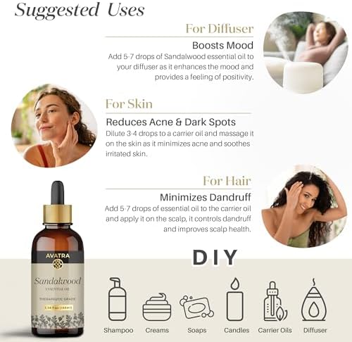 Avatra Sandalwood Essential Oil for Diffuser, Aromatherapy, and Massage | Pure and Natural Therapeutic Grade Sandalwood