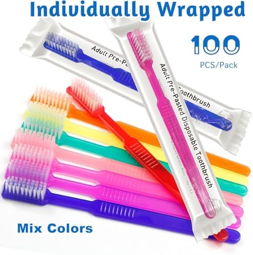 Single Use Waterless Tooth Brush 100 Pcs Individually Wrapped Pre-Pasted Toothbrushes for Hotel, Camping, and Homeless