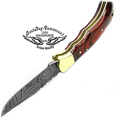 Best.Buy Damascus1 Folding Hunting Knife, 6.5" Real Damascus Blade & Olive Wood Handle, EDC Camping Knife for Men