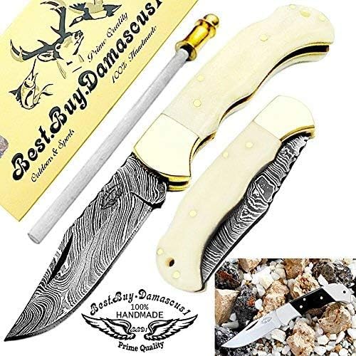 Best.Buy Damascus1 Folding Hunting Knife, 6.5" Real Damascus Blade & Olive Wood Handle, EDC Camping Knife for Men