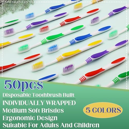 Bulk Disposable Travel Toothbrushes Pack - Soft Bristle Good Cleaning for Kids, Adult & Elderly | 50 Pcs Individually W