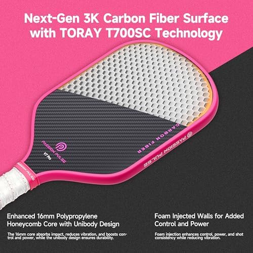 V7 Pro Pickleball Paddle - 3K Raw Carbon Fiber, 16mm Polypropylene Core, 3D PulseGrip Handle, Ideal for All Skill Levels