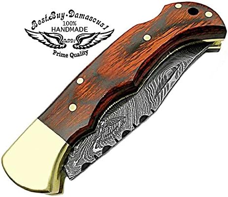 Best.Buy Damascus1 Folding Hunting Knife, 6.5" Real Damascus Blade & Olive Wood Handle, EDC Camping Knife for Men