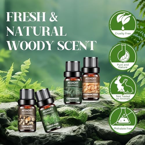 Woody Essential Oils Set for Candle Making & Diffuser - 6x10ML Teakwood, Sandalwood, Cedarwood, Cypress, Forest Pine, F