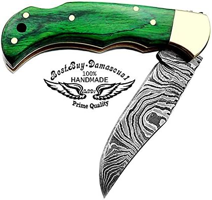 Best.Buy Damascus1 Folding Hunting Knife, 6.5" Real Damascus Blade & Olive Wood Handle, EDC Camping Knife for Men