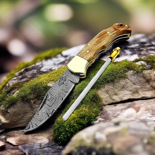 Best.Buy Damascus1 Folding Hunting Knife, 6.5" Real Damascus Blade & Olive Wood Handle, EDC Camping Knife for Men