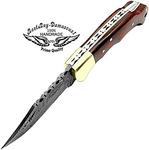 Best.Buy Damascus1 Folding Hunting Knife, 6.5" Real Damascus Blade & Olive Wood Handle, EDC Camping Knife for Men