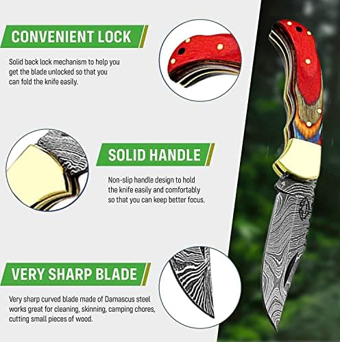 Best.Buy Damascus1 Folding Hunting Knife, 6.5" Real Damascus Blade & Olive Wood Handle, EDC Camping Knife for Men