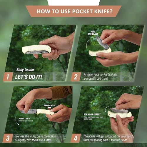 Best.Buy Damascus1 Folding Hunting Knife, 6.5" Real Damascus Blade & Olive Wood Handle, EDC Camping Knife for Men