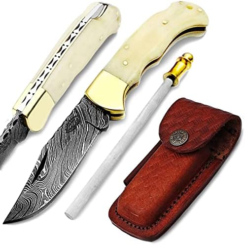 Best.Buy Damascus1 Folding Hunting Knife, 6.5" Real Damascus Blade & Olive Wood Handle, EDC Camping Knife for Men