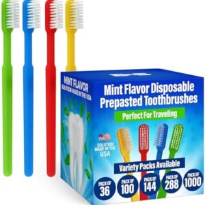 36 Prepasted Disposable Toothbrushes | Travel Toothbrush Set for On The Go | Individually Wrapped Soft Bristle Toothbrus