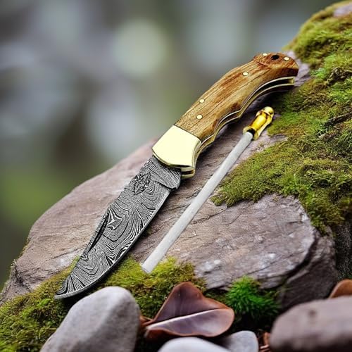 Best.Buy Damascus1 Folding Hunting Knife, 6.5" Real Damascus Blade & Olive Wood Handle, EDC Camping Knife for Men