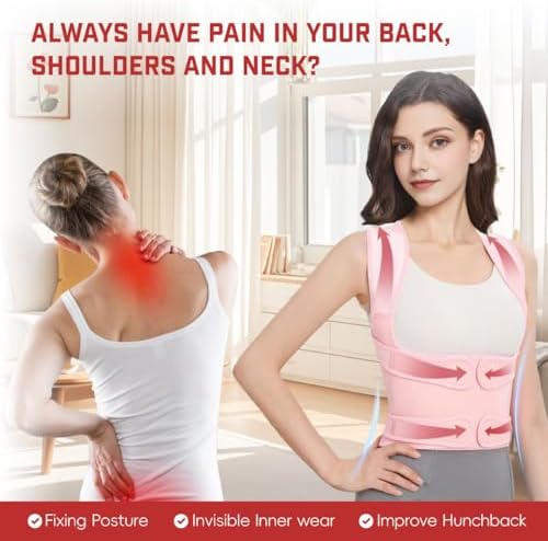 Posture Corrector for Women and Men: Adjustable Back Brace with Full Back Support (Large, Pink) Adjustable Back Brace