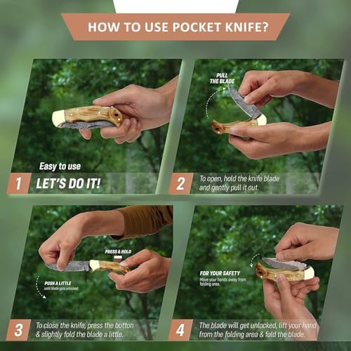 Best.Buy Damascus1 Folding Hunting Knife, 6.5" Real Damascus Blade & Olive Wood Handle, EDC Camping Knife for Men