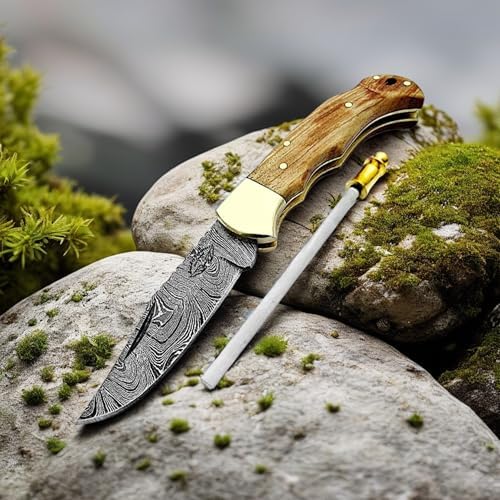 Best.Buy Damascus1 Folding Hunting Knife, 6.5" Real Damascus Blade & Olive Wood Handle, EDC Camping Knife for Men