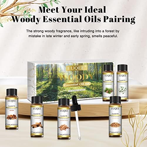 EUQEE Woody Essential Oils Set for Aromatherapy - Pure & Natural Oils - Eucalyptus, Cedarwood, Sandalwood, Frankincense,