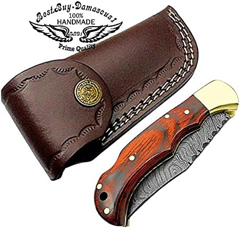 Best.Buy Damascus1 Folding Hunting Knife, 6.5" Real Damascus Blade & Olive Wood Handle, EDC Camping Knife for Men