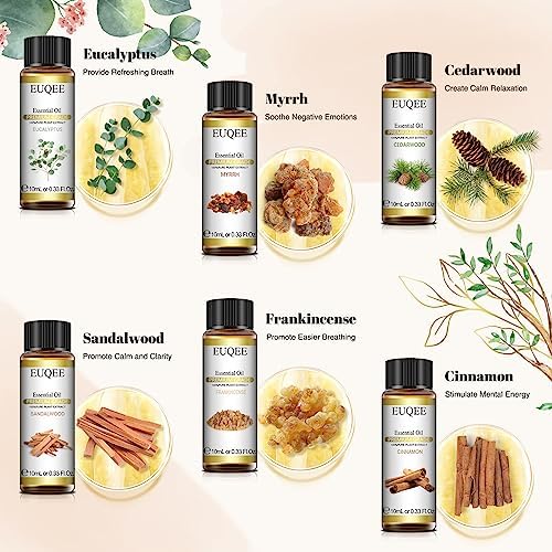EUQEE Woody Essential Oils Set for Aromatherapy - Pure & Natural Oils - Eucalyptus, Cedarwood, Sandalwood, Frankincense,