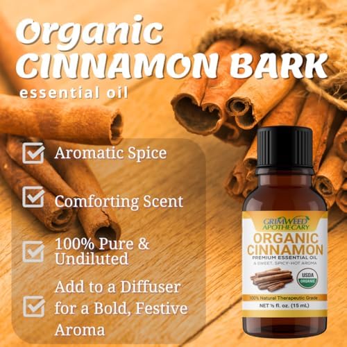 Grimweed Apothecary USDA Organic Cinnamon Essential Oil - Therapeutic Grade - 15mL - Diffuser Oil - 100% All Natural - w