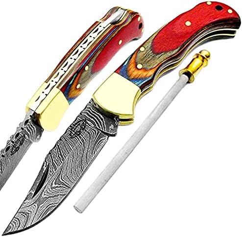 Best.Buy Damascus1 Folding Hunting Knife, 6.5" Real Damascus Blade & Olive Wood Handle, EDC Camping Knife for Men