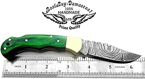 Best.Buy Damascus1 Folding Hunting Knife, 6.5" Real Damascus Blade & Olive Wood Handle, EDC Camping Knife for Men