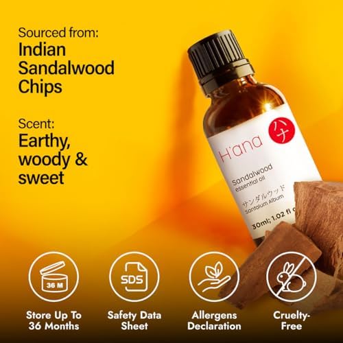 H'ana Sandalwood Essential Oil - 1.02 Fl Oz - for Hair and Skin, Aromatherapy, DIY Soap Making - ClimatePartner Certifie