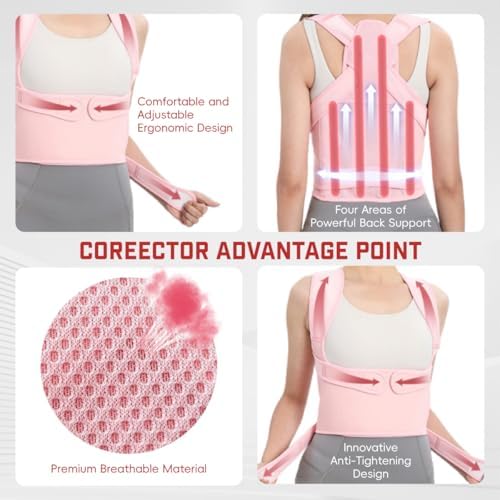 Posture Corrector for Women and Men: Adjustable Back Brace with Full Back Support (Large, Pink) Adjustable Back Brace