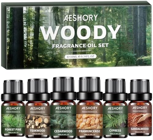 Woody Essential Oils Set for Candle Making & Diffuser - 6x10ML Teakwood, Sandalwood, Cedarwood, Cypress, Forest Pine, F
