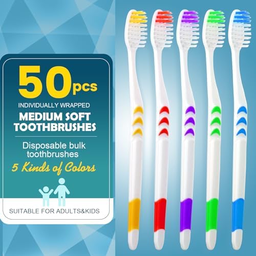 Navona Kids Toothbrush, Medium Soft Bristle, Ergonomics Handle, Perfect for Travel & Hotel, Bulk Disposable Toothbrushe