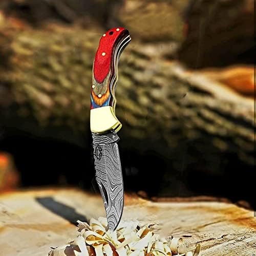 Best.Buy Damascus1 Folding Hunting Knife, 6.5" Real Damascus Blade & Olive Wood Handle, EDC Camping Knife for Men