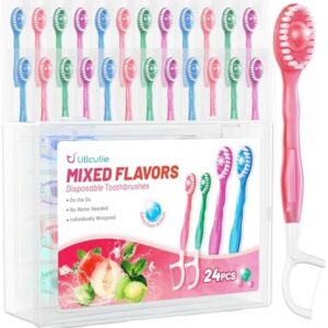 24 Pack 5-in-1 Disposable Toothbrushes with Toothpaste, Floss, Pick & Tongue Scraper for Kids & Adults - Portable Mini