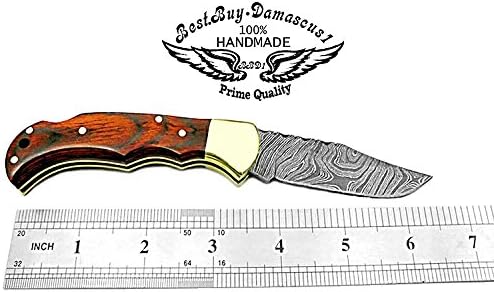 Best.Buy Damascus1 Folding Hunting Knife, 6.5" Real Damascus Blade & Olive Wood Handle, EDC Camping Knife for Men